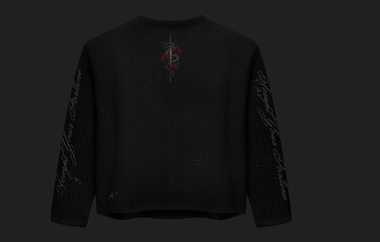 Aurelius Black Thermal long-sleeve top with graphic embroidery, back view on dark background