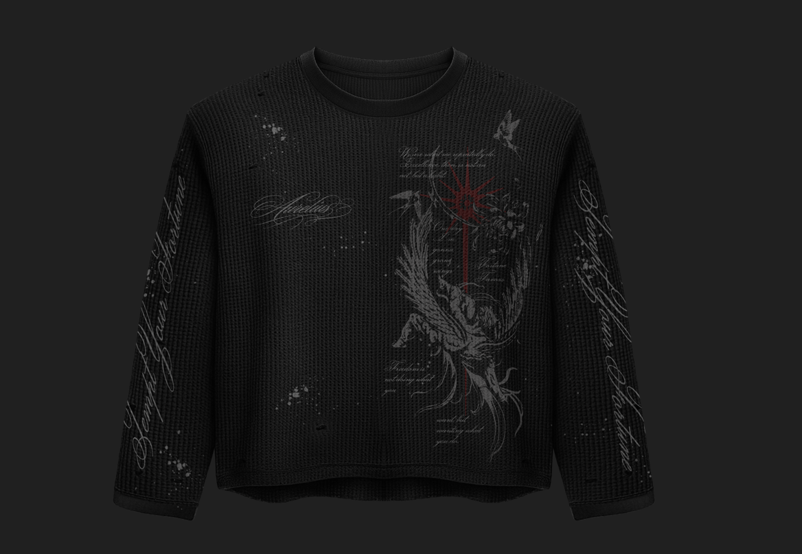 Aurelius Black Thermal long-sleeve top with intricate graphic design, front view on dark background